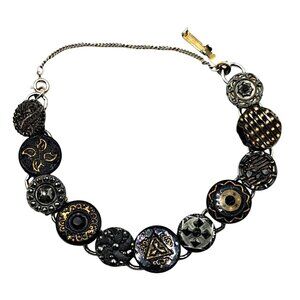 Antique Glass Button Bracelet With Black & Gold Tone Accents On Silver Tone Chai